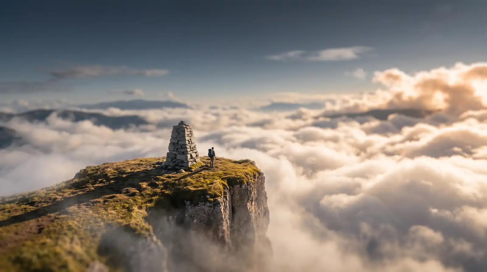 A hand-stacked stone cairn on a clifftop plateau high above a sea of cloud, with a single walker beside it for scale